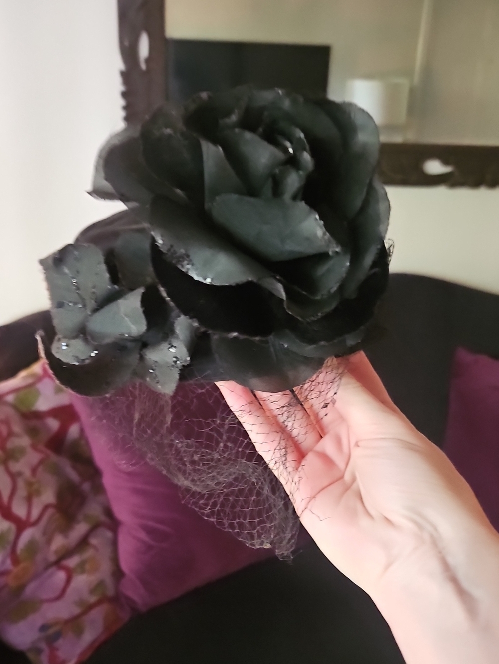 VINTAGE Black ROSE Velvet Veil Hat Women's Accessory